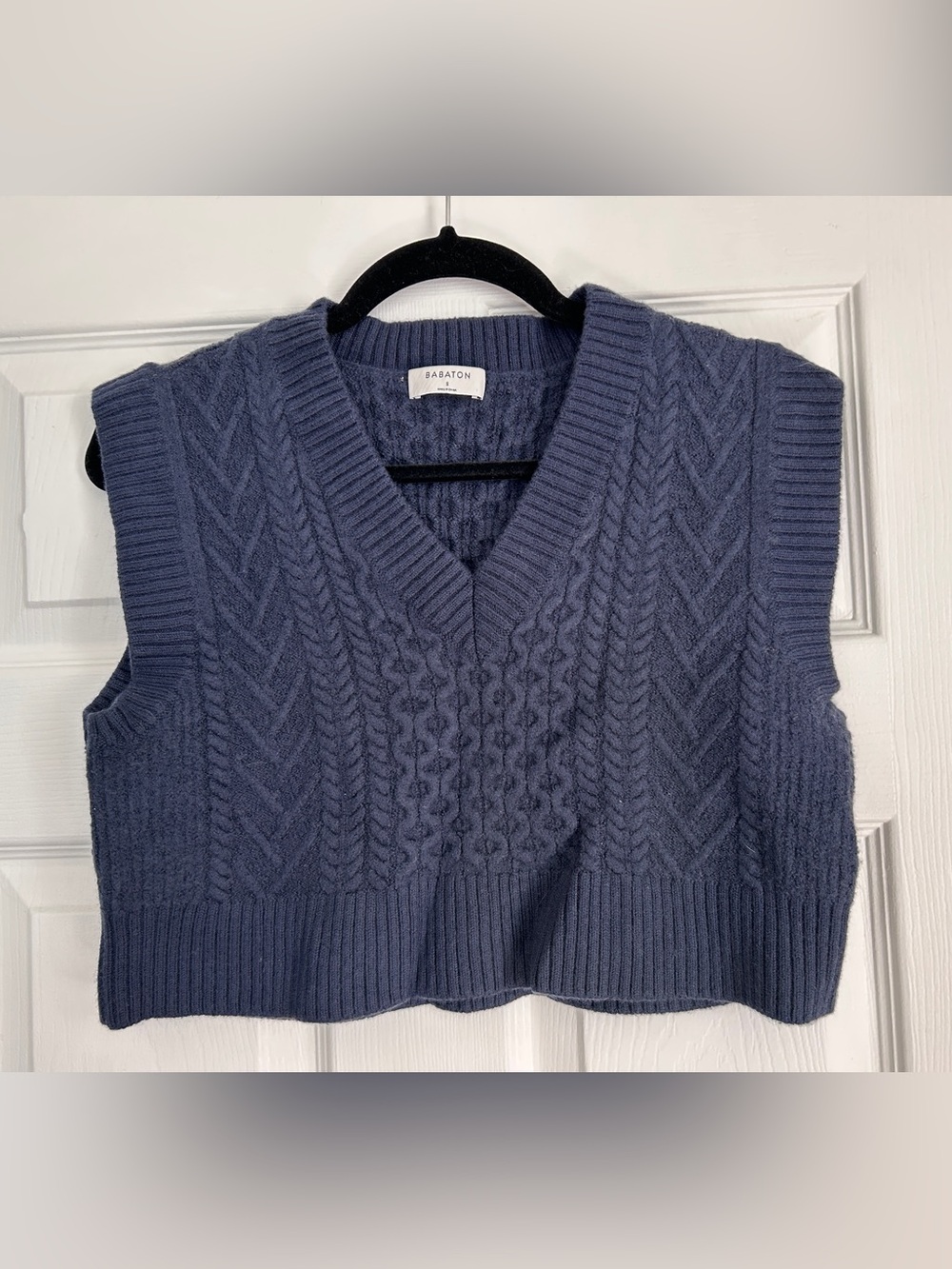 Babaton Slate Blue Cable-Knit V-Neck Sweater Vest